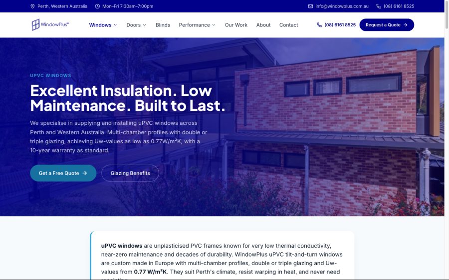 uPVC windows page with performance details and a free quote button